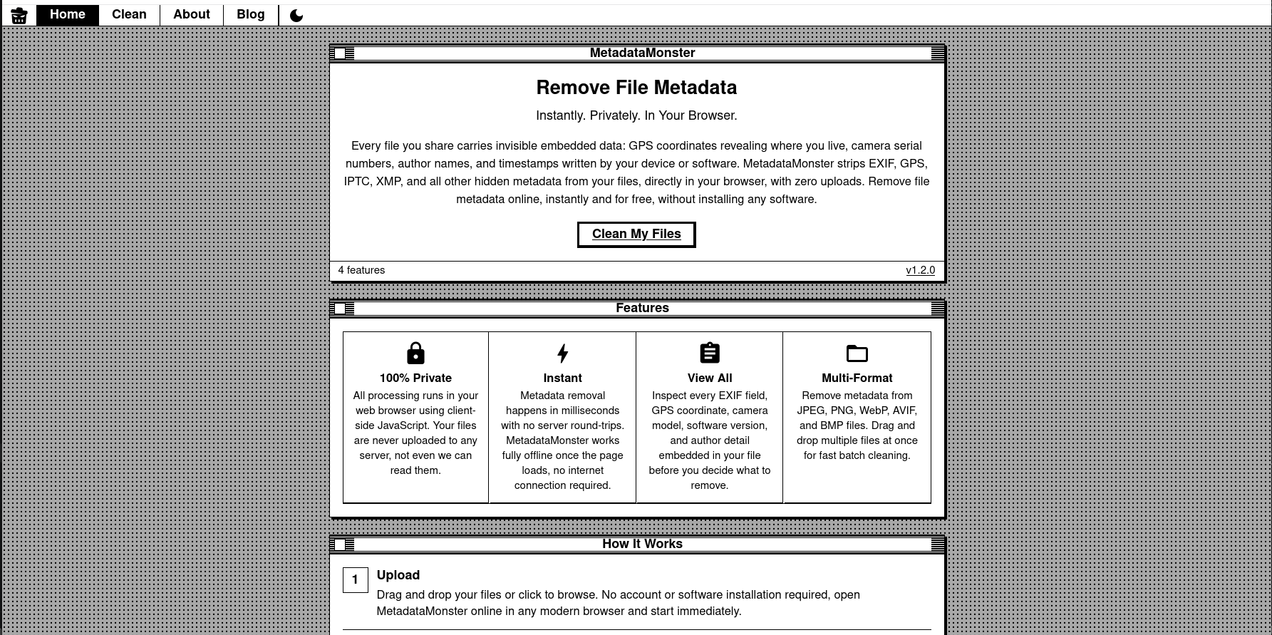 Retro-style webpage interface for MetadataMonster online service showing clean my files button and client-side JavaScript metadata cleaning features