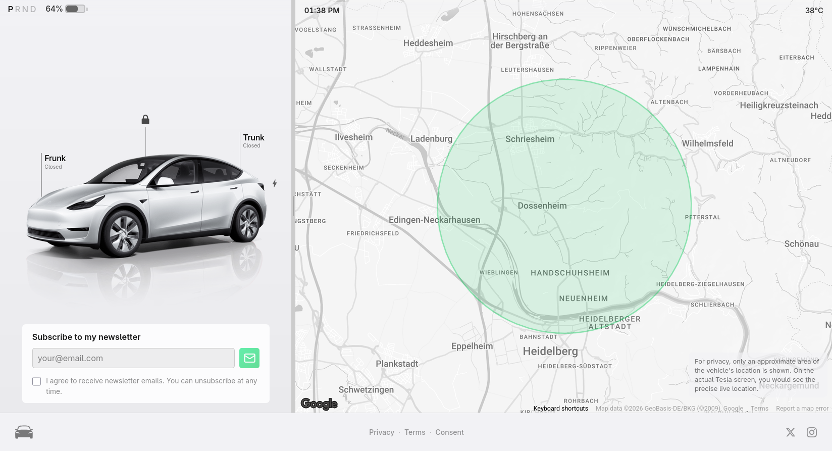 Tesla interface with map and status indicators